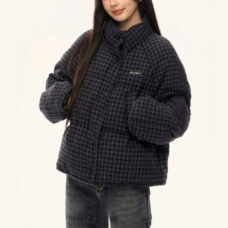 Damska luźna kurtka zimowa typu chlebak, odzież damska, koreańska krótka kurtka w kratę, ocieplana watą.