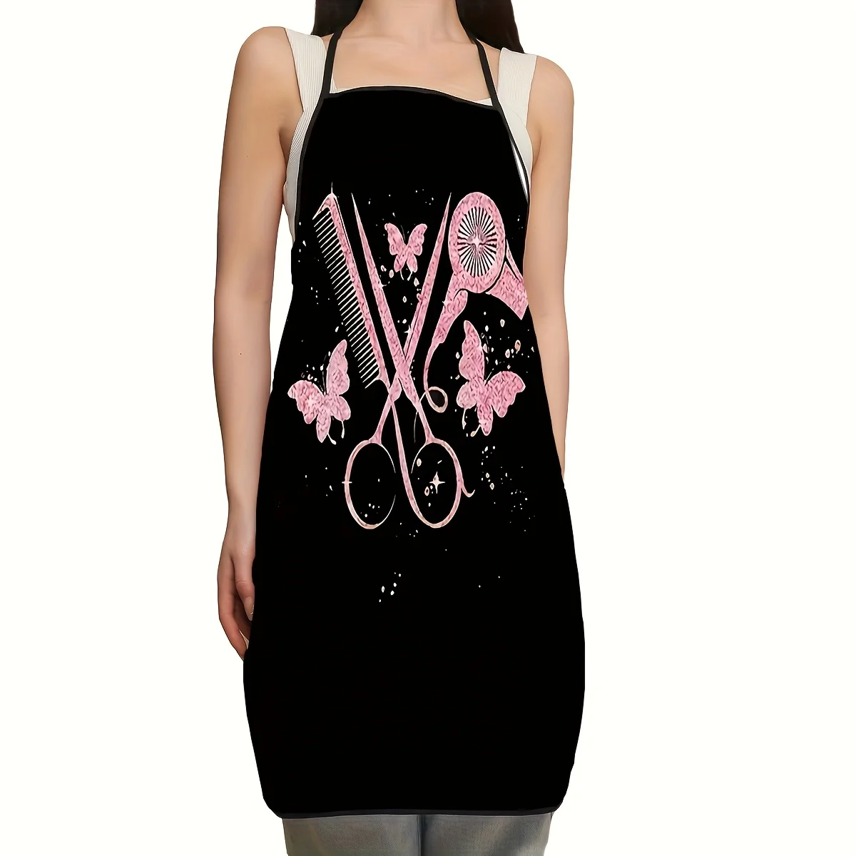 Women's Stylist Apron with Hair Dryer, Scissors & Butterfly Design - Black Durable Polyester Salon Apron for Home & Professional