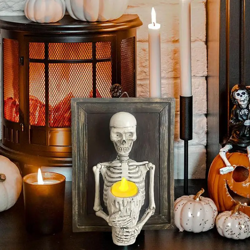 Halloween Candlesticks Flameless 2024 Battery Candle Skeleton Photo Frame Resin Gothic Haunted House Candle LED Light For Desk