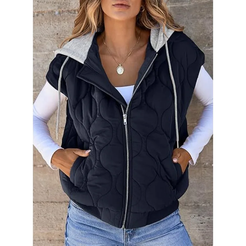 2025 Hot Autumn New Color Matching Sleeveless Jacket Women Simple Versatile Drawstring Hooded Vest Women
