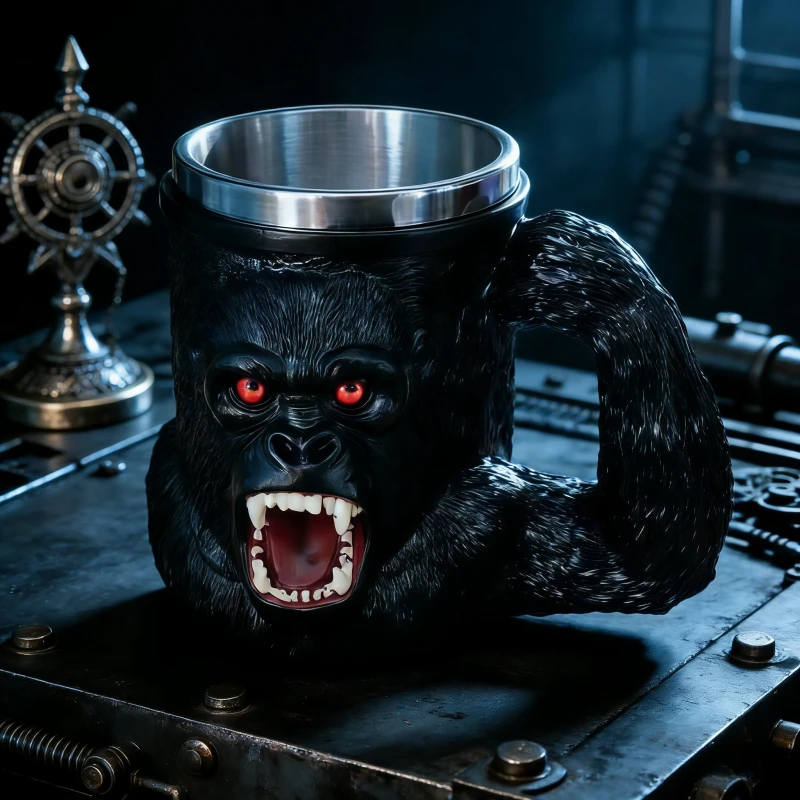 JIE-Stainless Steel 3D Angry Gorilla Head Beer Mug King Kong Shaped Tankard Animal Themed Coffee Cup for Men Bar Drinkware