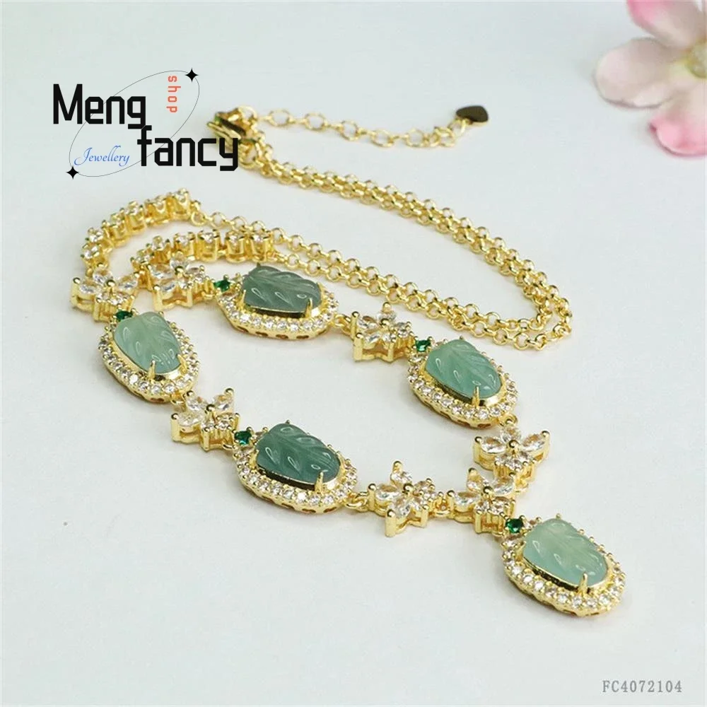 Natural A-goods Jadeite Ice Moist Leaf Necklace Blue Water Jade Set Exquisite Elegant Simple High-grade Luxury Quality Jewelry