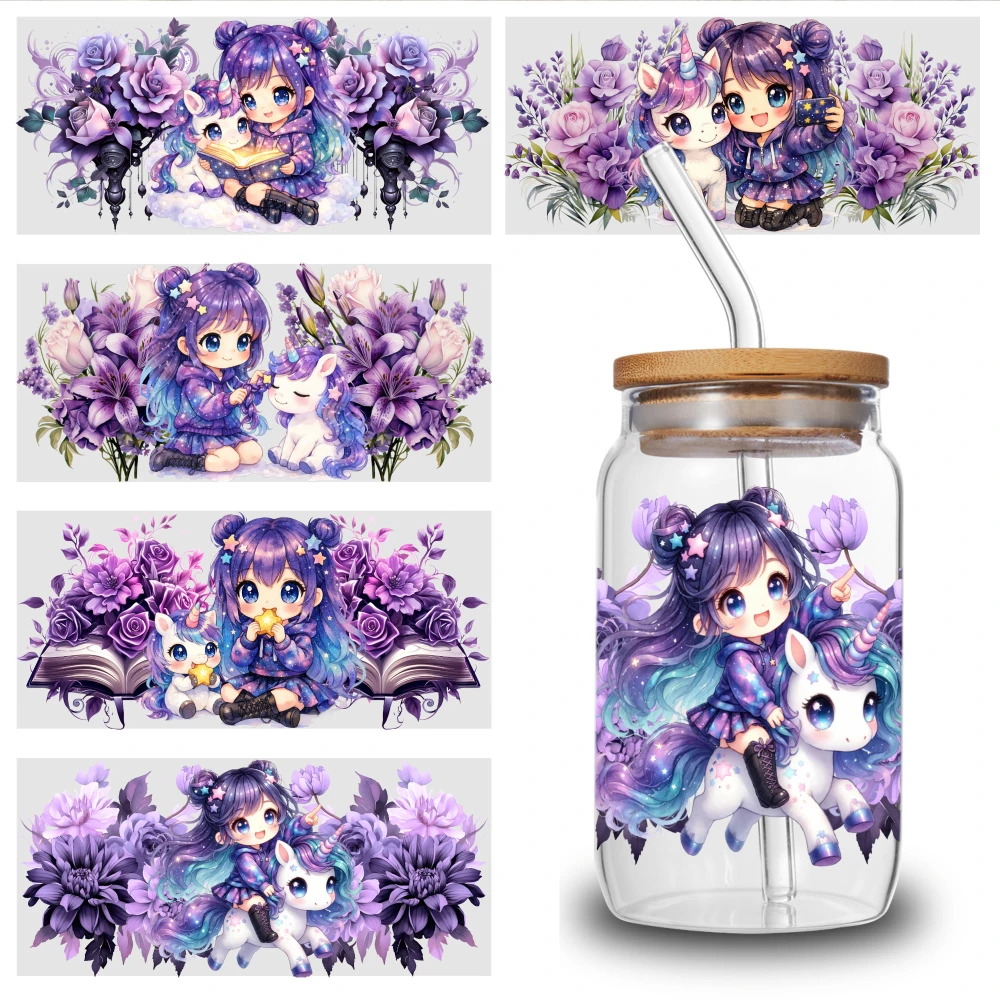 5 Sheets Purple Anime Girl Unicorn Floral Pattern UV DTF Stickers Transfer Sticker Decal Waterproof Rub on Transfers Waterproof