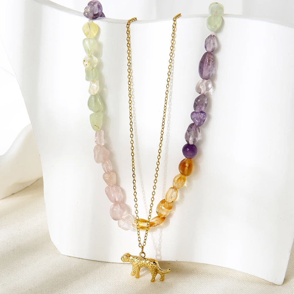 

2pcs 18K Gold Plated Stainless Steel Leopard Pendant Necklace Chain Colorful Natural Stone Chocker Waterproof Jewelry Set Women