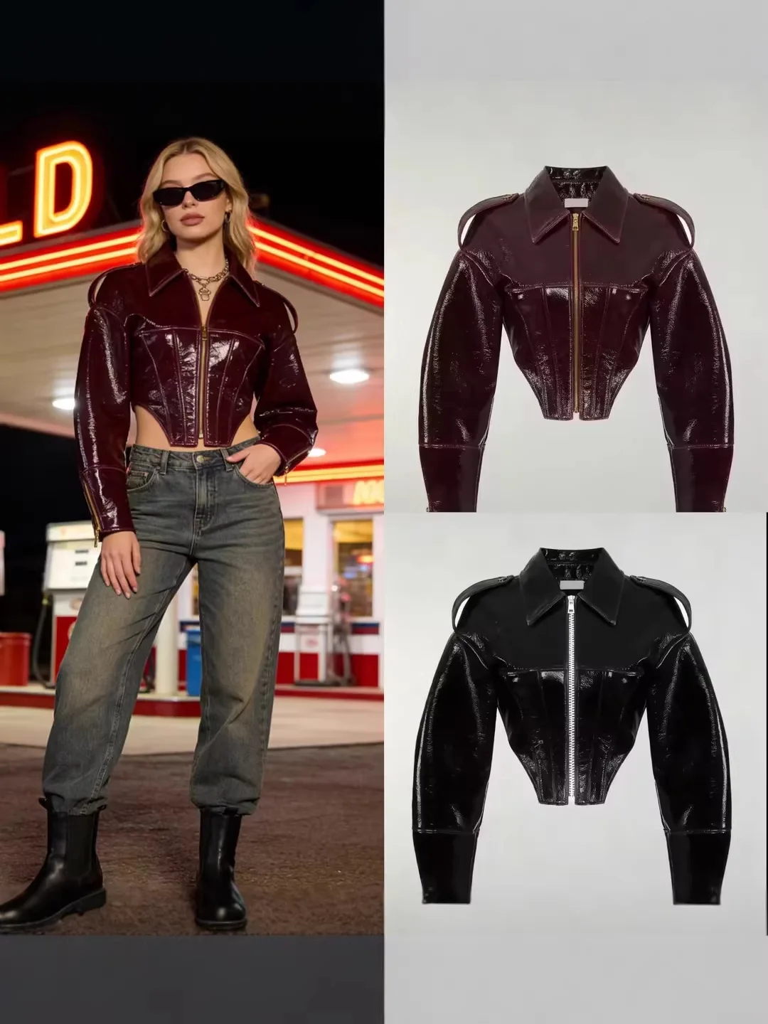GG Women Retro Cinched-waist Coated Leather Jacket Casual Lapel Full Sleeve Zipper Fishbone Coats Lady Daily High Street Coat