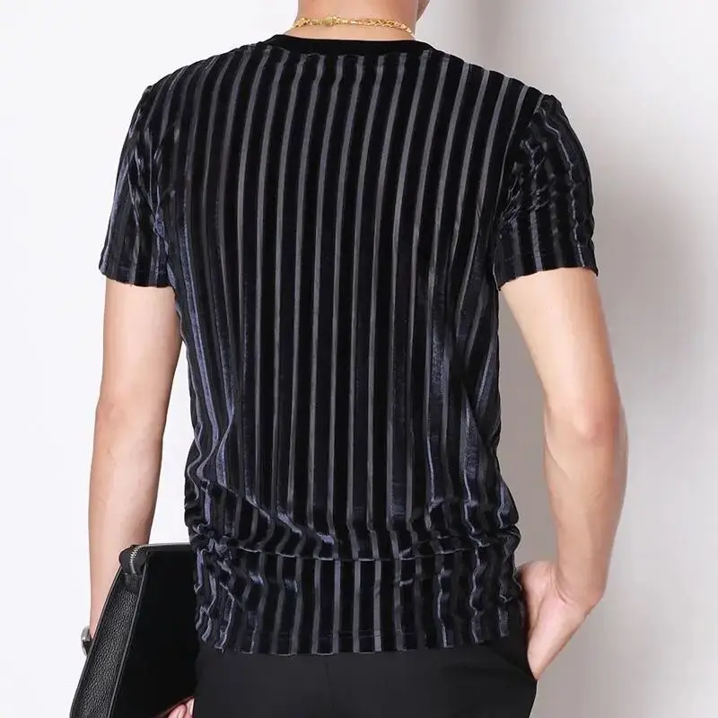 2023 Summer Striped Ice Silk Fabric Tops Men's Round Neck Jacquard Weave Velour Clothes Men Fashion Hollow T-shirt