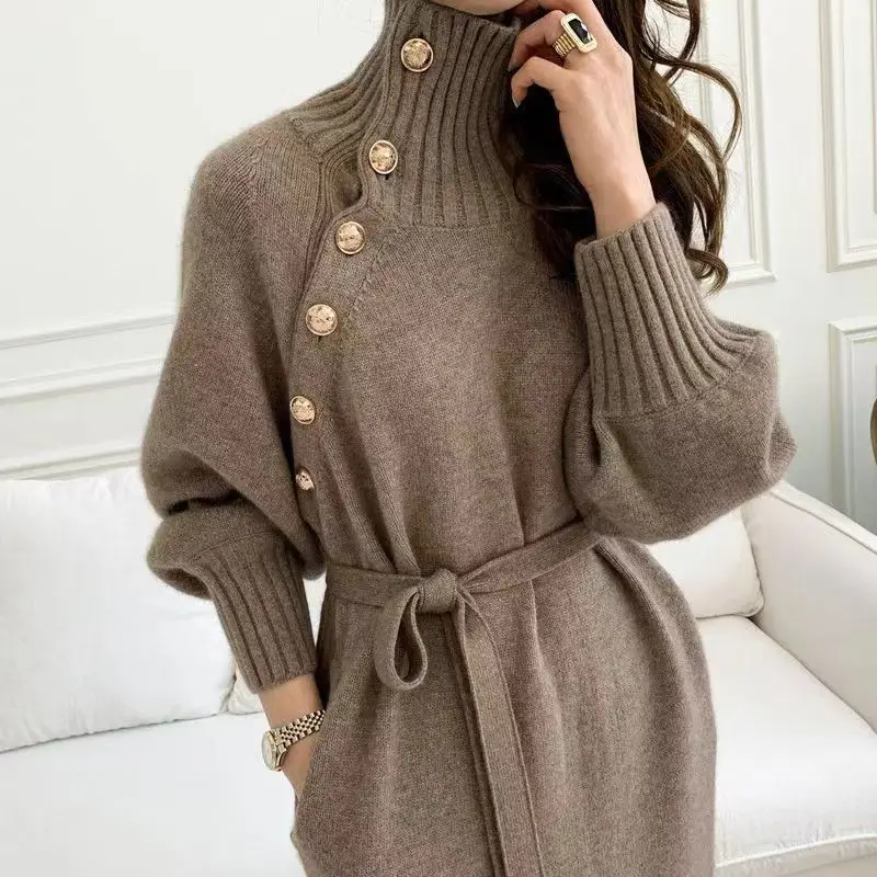 Autumn and winter pullover new style French temperament paired sweater inside long over the knee bottom knit dress women