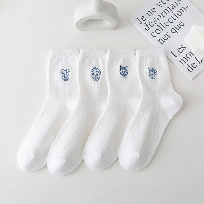 

Women Cute Embroidered Animal Socks Spring And Summer White Cotton Fashionable Versatile Breathable Comfortable Socks 4 Pairs