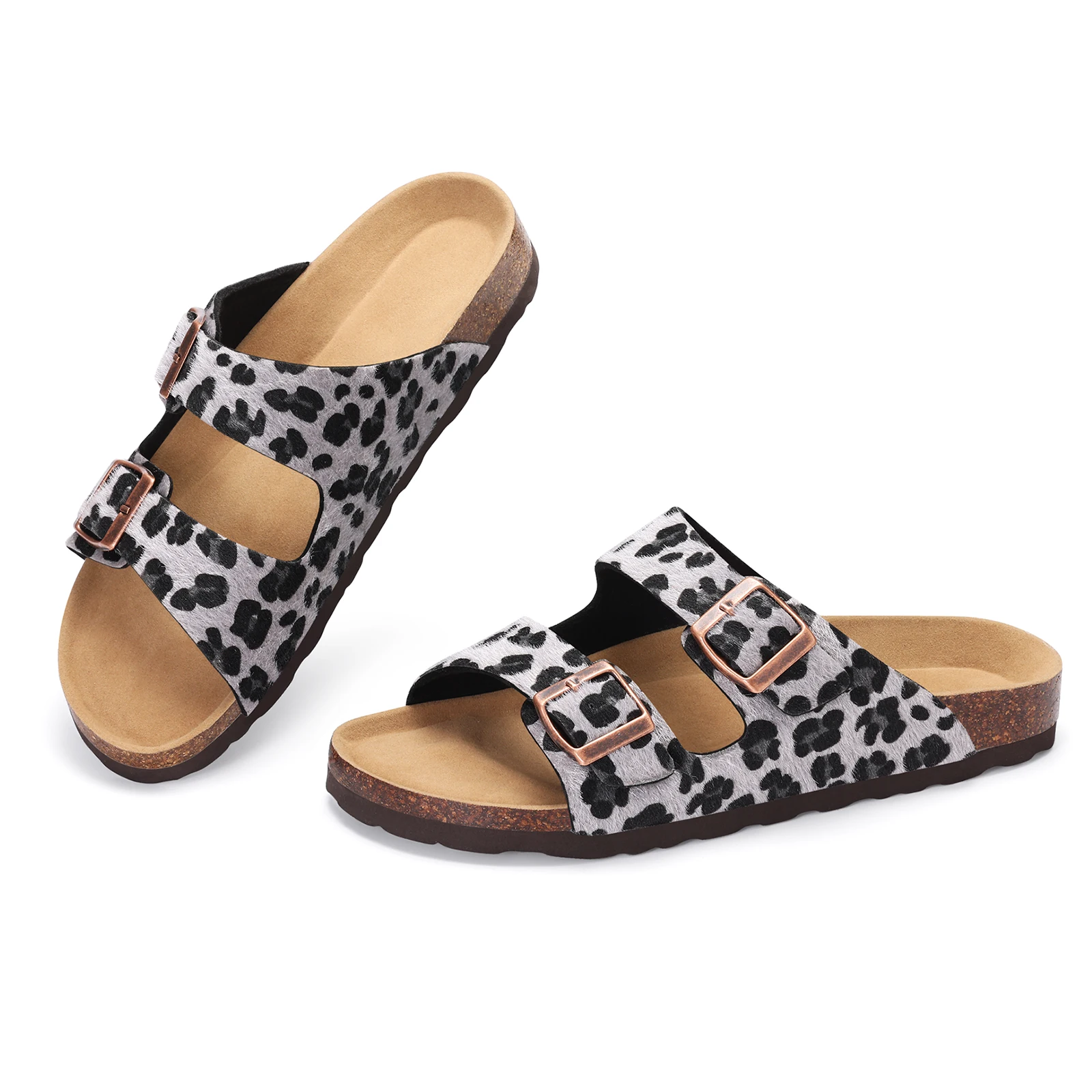 Comwarm Cork Insole Women's Sandals With Arch Support Anti-slip Outdoor Slides Leopard Summer Slippers With Adjustable Buckle