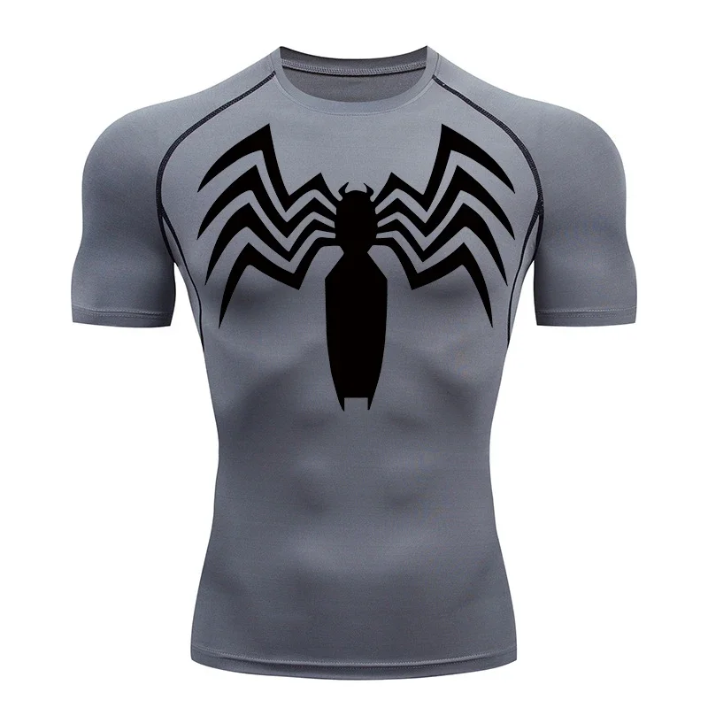 Spider Print Compression Tees Shirts Men Summer Short Sleeve Rash Guard Gym Workout Running Tshirt Athletic Quick Dry Top Male