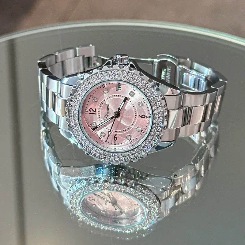 Business Women Watch Exquisite Water Diamond Light Luxury Women Quartz Wristwatches Waterproof Steel Bands Fashion Business Gift