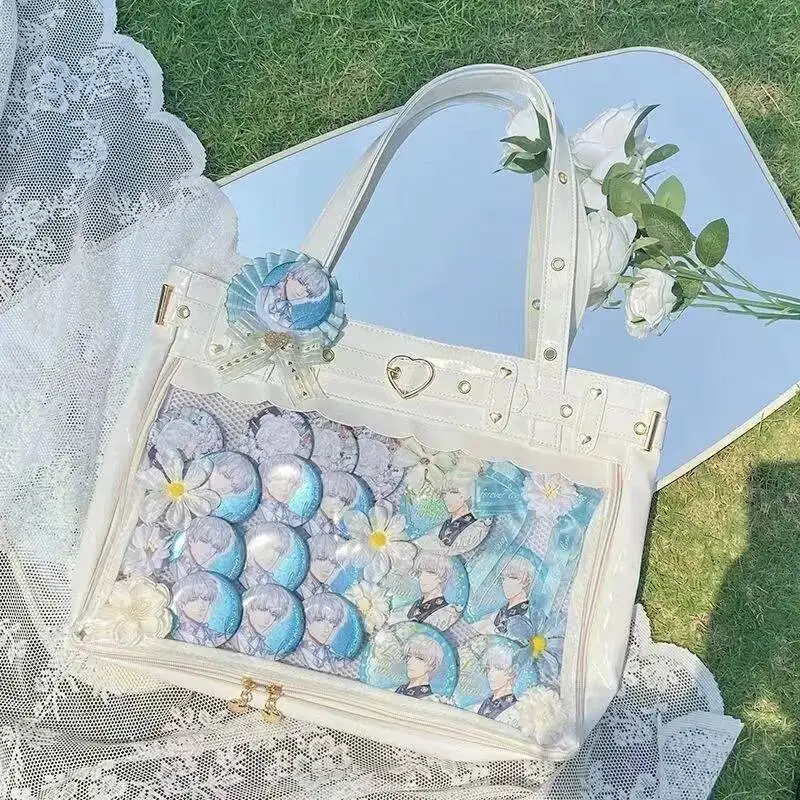 Bloom Japanese Haruku Studded Handbag Women Transparent Anime Ita Ladies Square Large Capacity Leather Shoulder Bag 2025