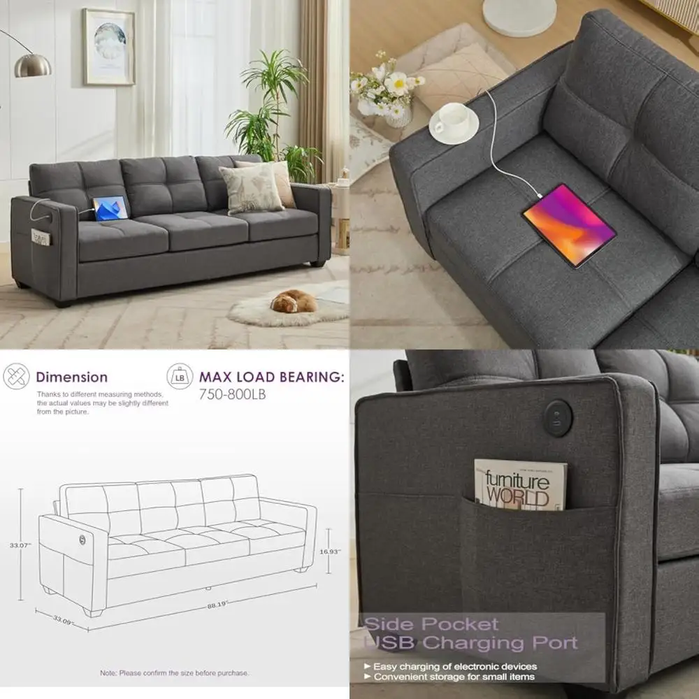 

mid-century modern linen fabric sofa with usb ports, comfortable 2/3 seater loveseat, wide arms, ideal for small spaces