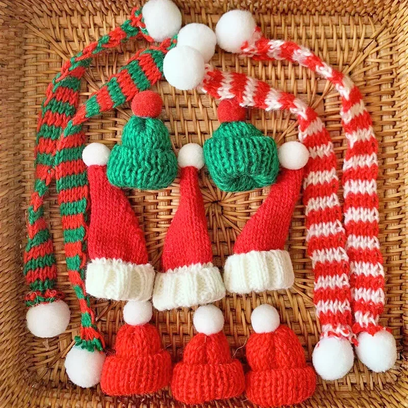 Mini Christmas Knitted Hat & Scarf Small Santa Costume for Cat Rabbit Doll Lollipop Bottle Cap DIY Xmas Party Dinner Decoration