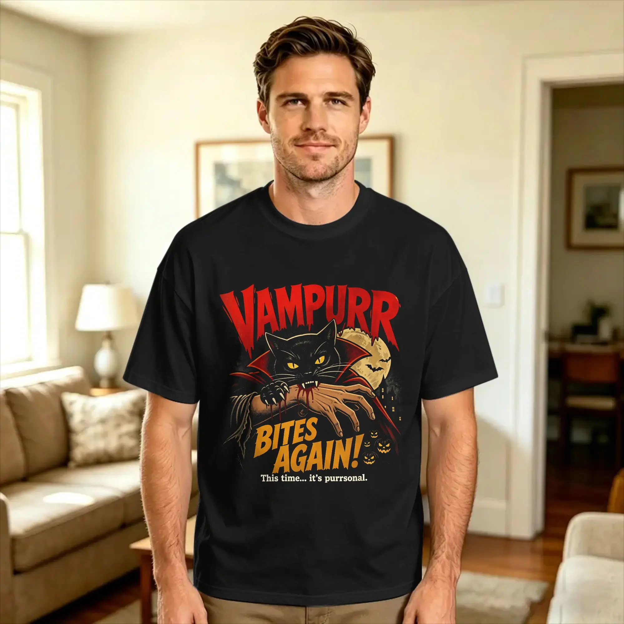 Men Women T Shirt Vampurr Bites Again Funny Cat Halloween Vintage Graphic T-Shirts Popular  Summer Tee Shirt Pure Cotton Clothes