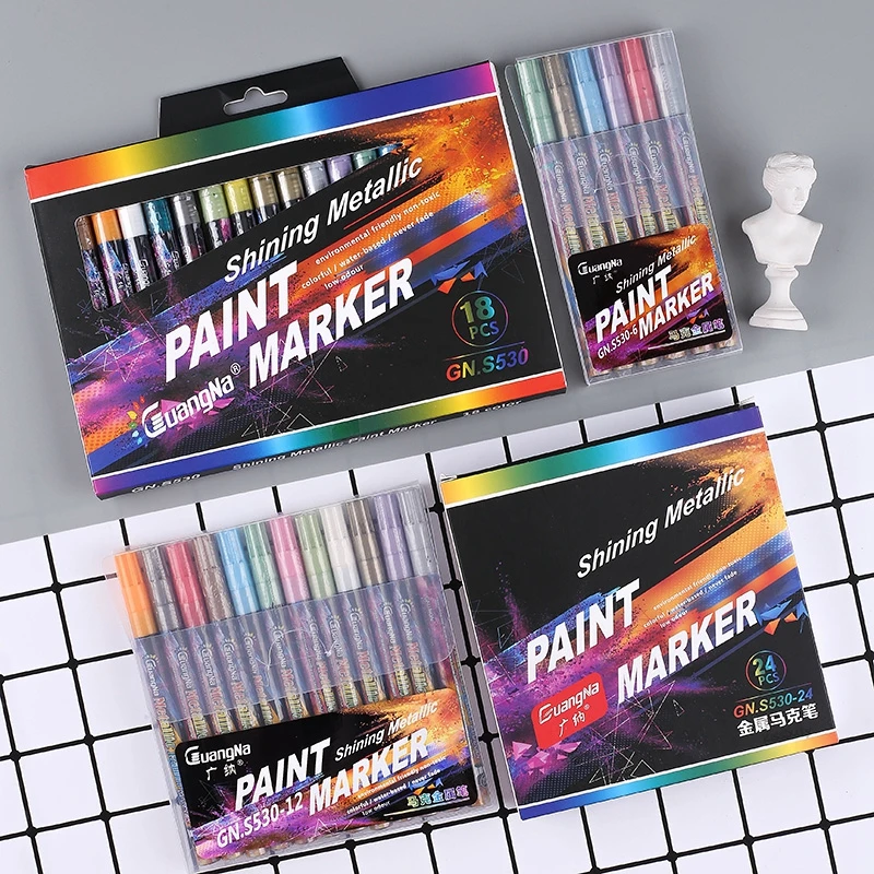 

6-24 Colors Metallic Acrylic Marker Pens 0.7mm Extra Fine Point Paint Pen Art Permanent Markers Painting for Signature Lettering