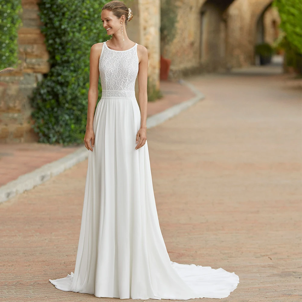 

Simple Sleeveless A-Line Chiffon Wedding Dress with Lace O-Neck Bridal Floor Length Sweep Train Sexy Open Back Bride Custom Gown