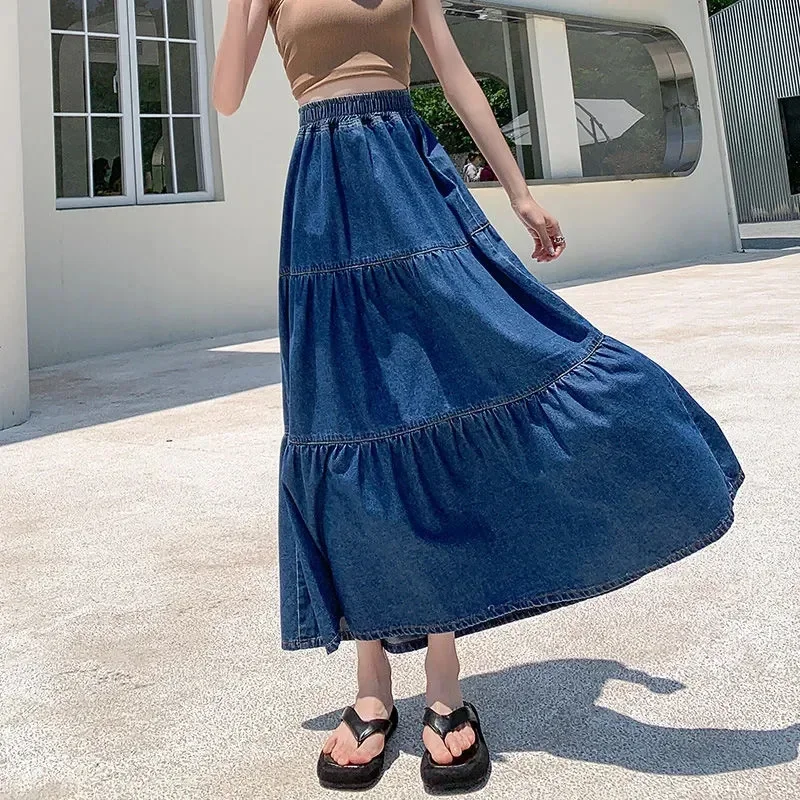

Pop 2025 Ladies High Waist Cowboy Maxi Skirt Summer Feminine Elastic Waist Large Size 5XL Denim Skirts Women Thin Jeans Long Ski