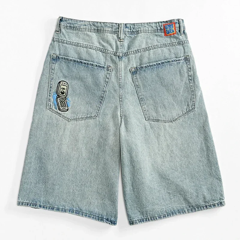 Abraço-Shorts Denim Skate, desenhos animados bordados, jeans soltos, calças de perna larga, calças Hip Hop Street Y2K casal, cinza, novo