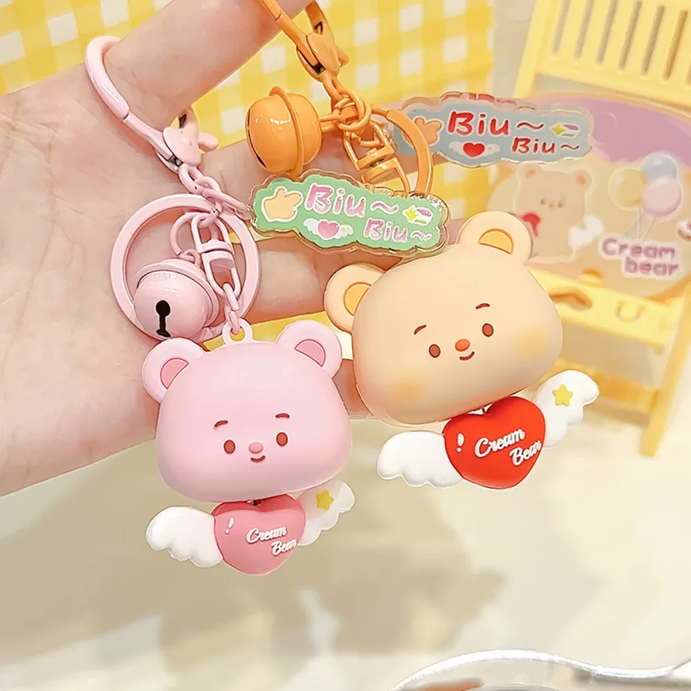 Cute Peach Heart Bear Keychain Resin Little Wings Bear Keyring Pendant Woman Girl Handbag Car Key Hanging Jewelry Ornament