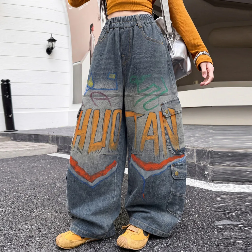 Cool Girls Jeans Letter Graffiti Autumn Children Wide Leg Pants 2026