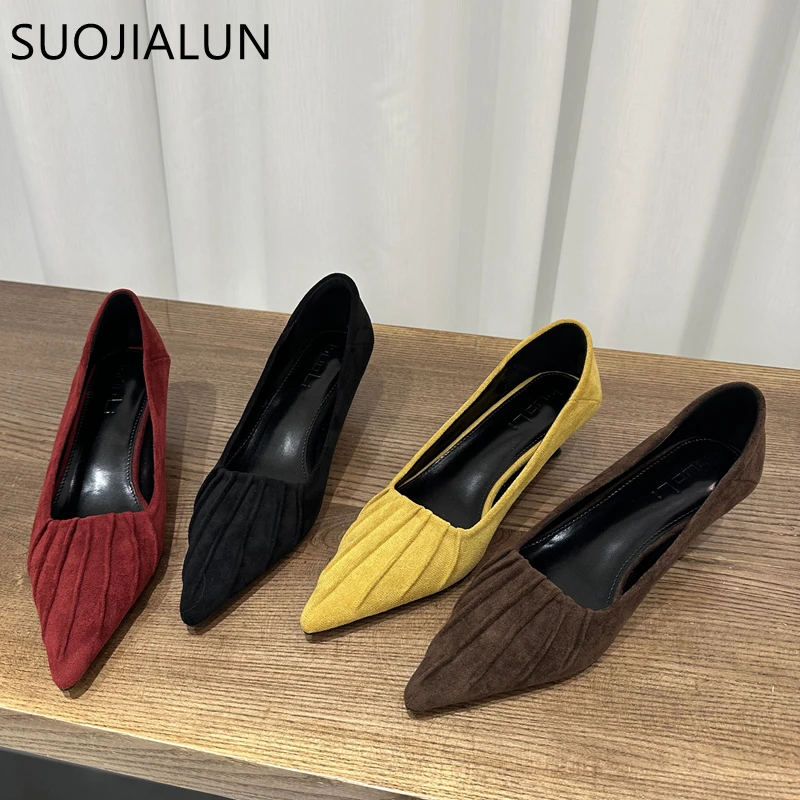 

SUOJIALUN 2025 Autumn Women Pumps Shoes Fashion Pleated Shallow Slip On Single Shoes Pointed Toe Med Heel Dress Pumps Shoes