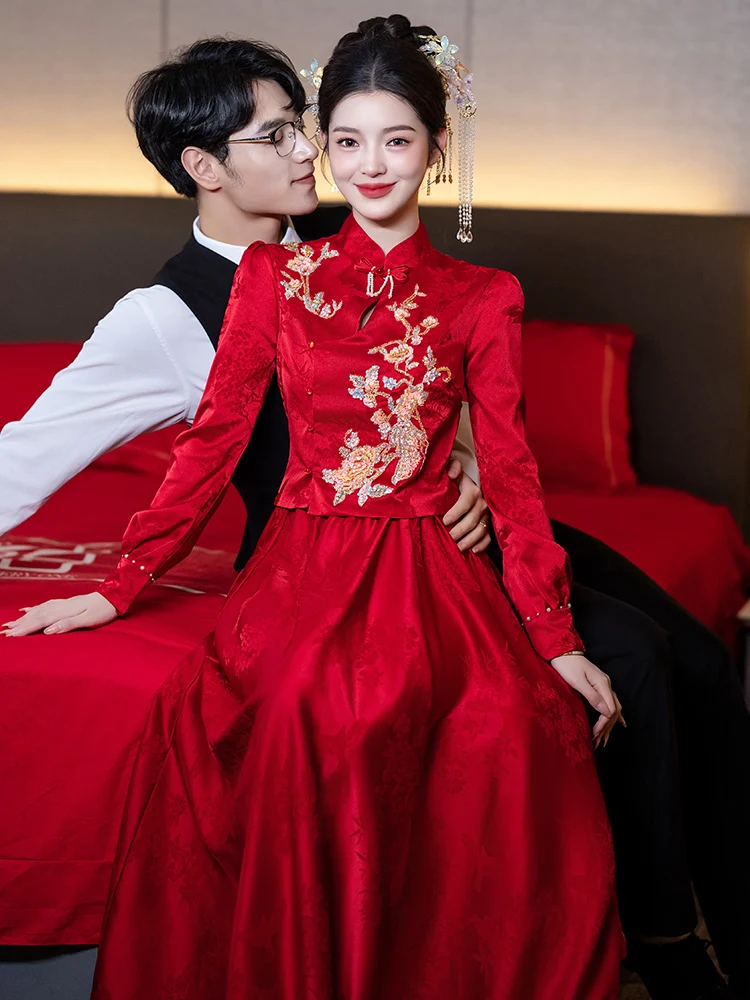 

Red Wedding Dr Chinese Sle Engagement Long Sve Evening Gown Set Vintage Beaded mid Waist Floor Length for Par Banquet