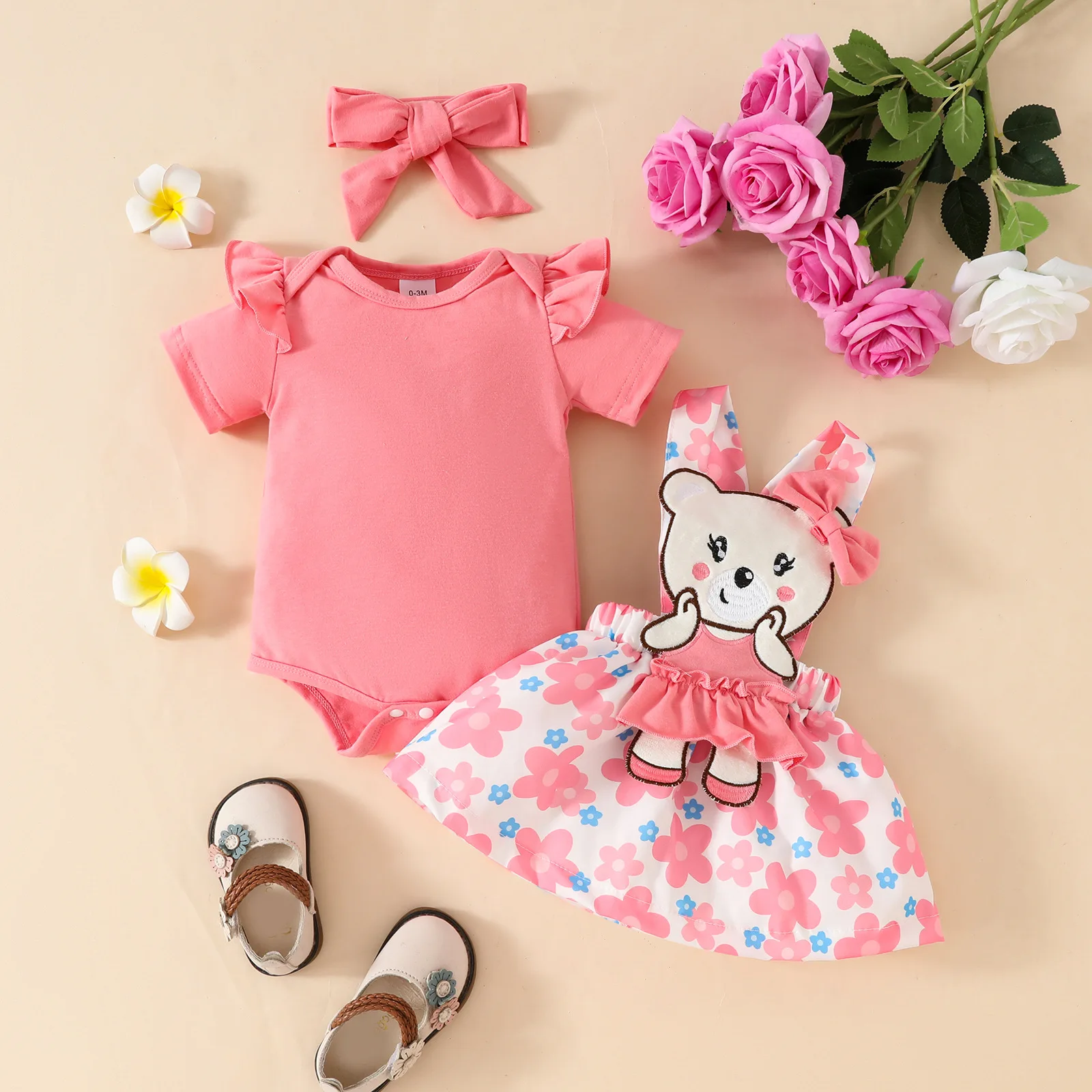 

Baby Girls Clothing Set 0-18M Infant Summer Outfit Bodysuit+Bear Floral Strap Skirt+Headband 3Pcs Toddler Cute Jumpsuit Suit