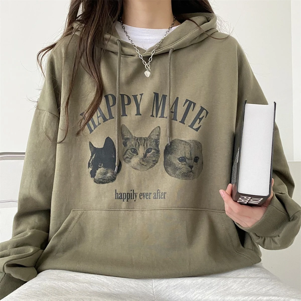 Hoodies Women Loose Printed Vintage Personality Chic American Style Streetwear Unisex Young Simple College Fashion Harajuku Y2k