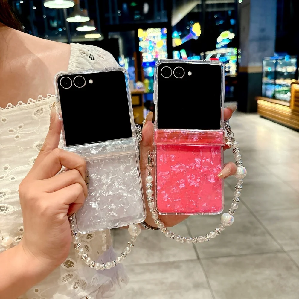 Luxury Shell Pattern Beads Bracelet Case for Samsung Galaxy Z Flip 5 6 7 flip 3 4 zflip7 Hand Wrist Chain Acrylic Hard Cover