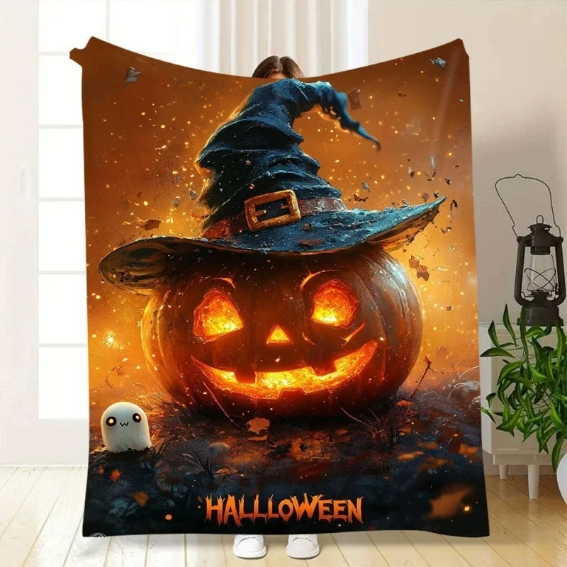 Night Forest Halloween Fleece Blanket Big Witch Hat Pumpkin Little Ghost Spark Print Comfortable Throw Blanket