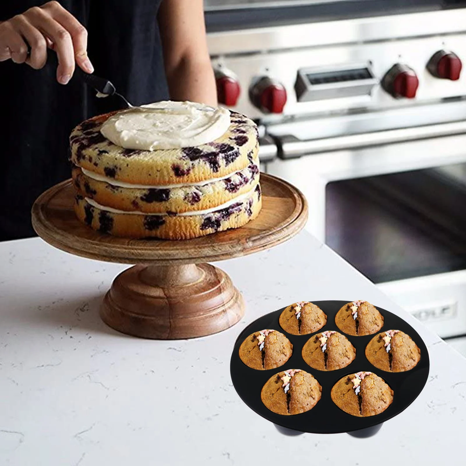 

7 Holes Silicone Cake Cup 8 Inch Muffin Mold Reusable Easy Clean Air Fryer Accessories Popsicle ChocolateCake Baking Pan