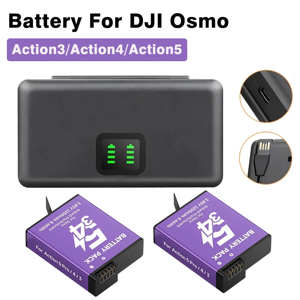 

Для DJI Osmo Action 5 Pro Аккумулятор 2250 мАч с ЖК-дисплеем и двойным зарядным устройством для DJI Action 6 5 4 3 Osmo360 Аксессуары для спортивной камеры