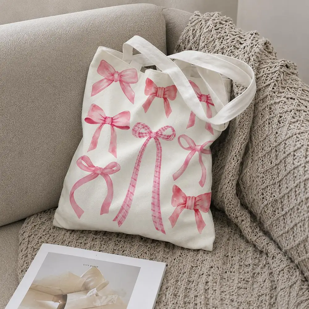 Pink Bow Watercolor Clipart Storage Bags Storage Bags Canvas Tote Bag Large Capacity Shoulder Fashion Eco Shopping Handbag