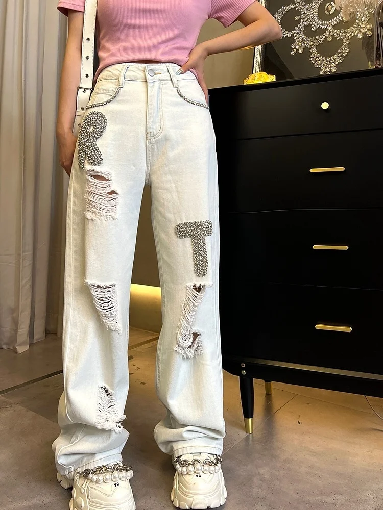 

Heavy Industry Denim Pants Ripped Jeans For Women 2023 Summer Loose Rhinestone Wide Leg Straight-Leg Trousers