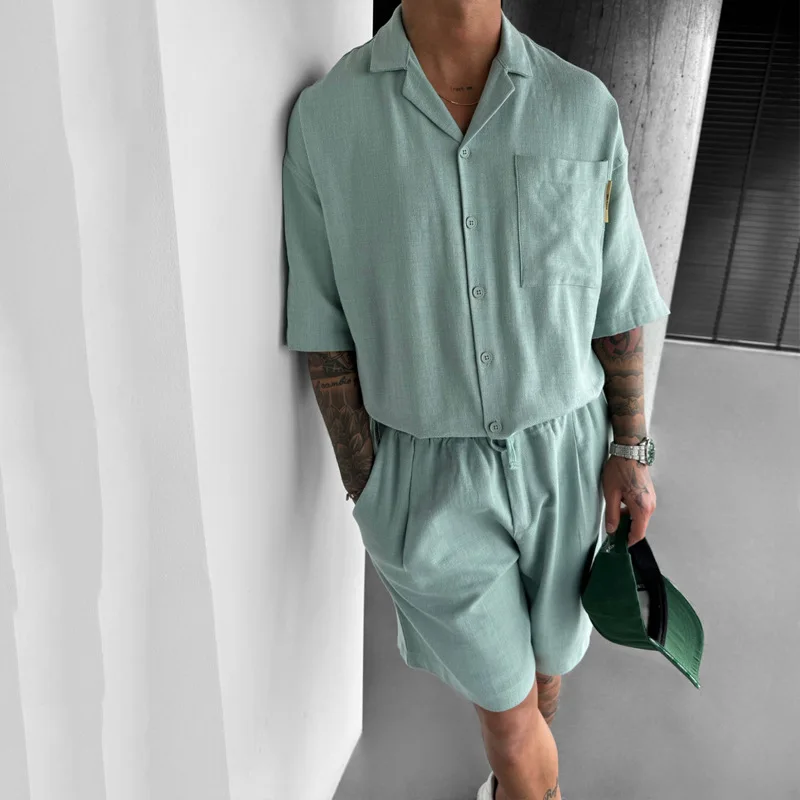 

Two Pieces Men Sets Single Breasted Blouses Knee Length Drawstring Pants Turn Down Collar Shirts Casual Male 2025 Summer Loose