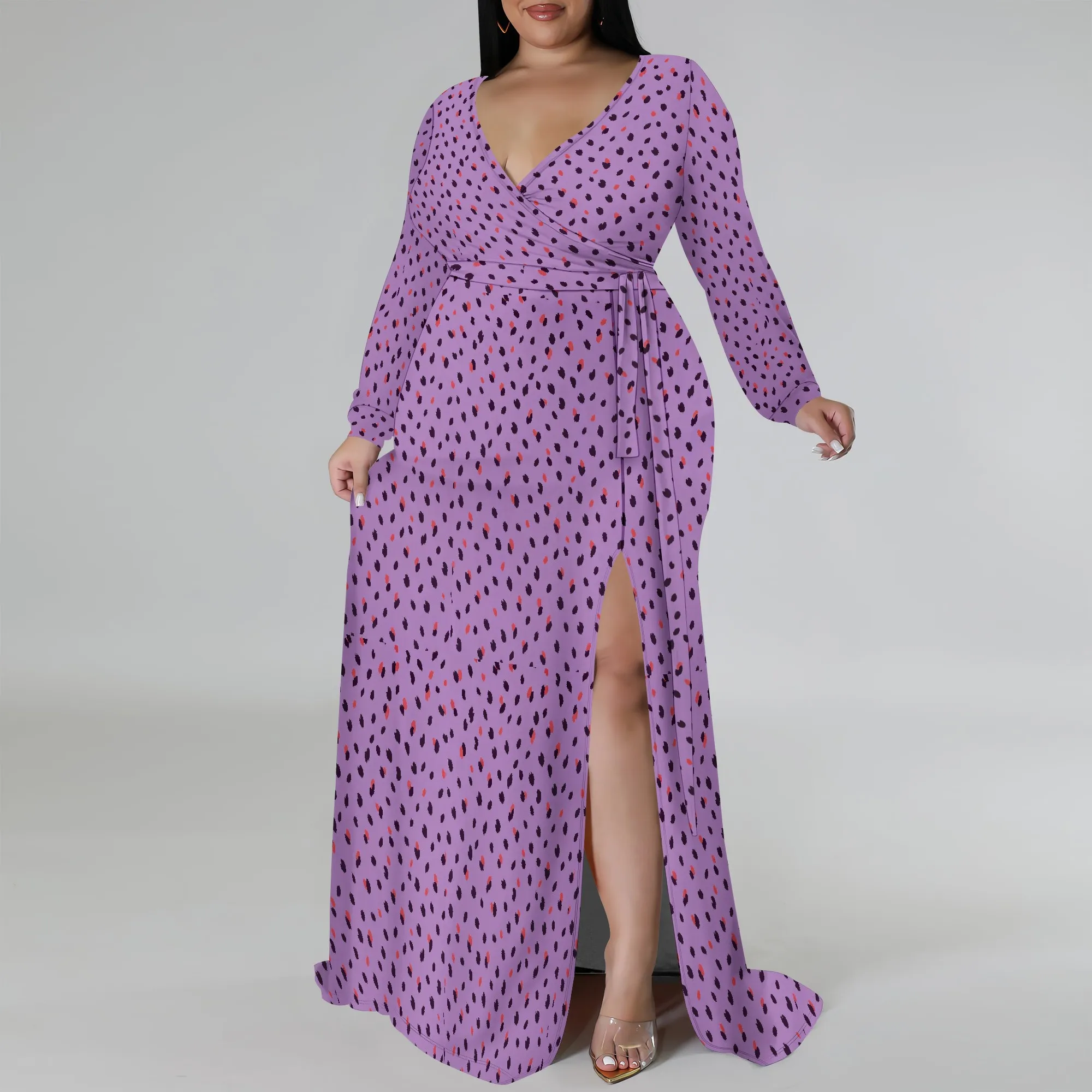 Abiti taglie forti da donna Abito lungo con stampa floreale con spacco fluido manica 3/4 con cintura