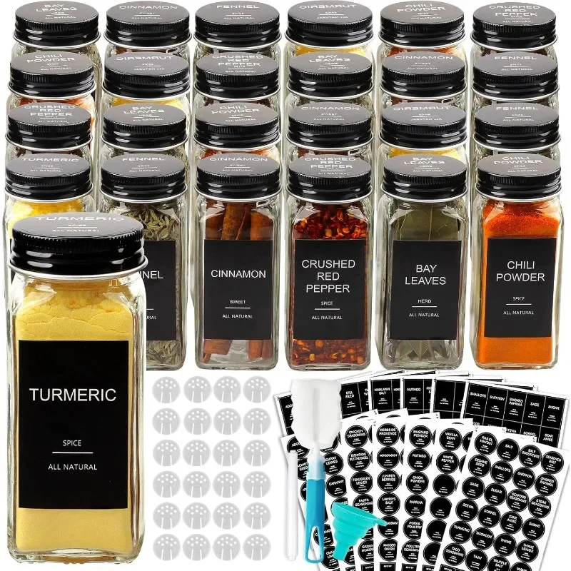 

24 counts Glass Spice Jars with 398 Labels, 4oz Empty Square Spice Containers Seasoning Bottles - Shaker Lids