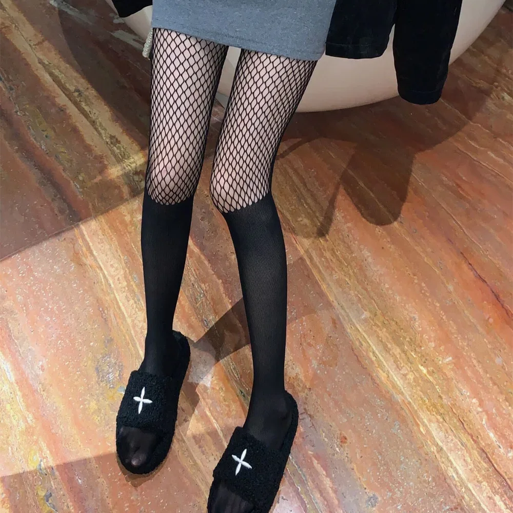 

Women Sexy Fishnet Tights Pantyhose Over Knee Striped Patchwork Thigh High Stockings JK Lolita Women Girl Mesh Fishnet Pantyhose