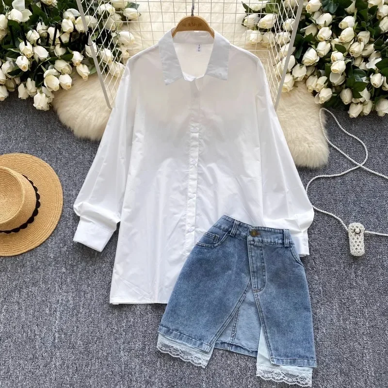 WAKUTA Korean Fall Collar Long Sleeve Loose Shirt Fashion Stacked Waist Split Denim Half-body Skirts Set Y2K Кастюмы Для Женщин