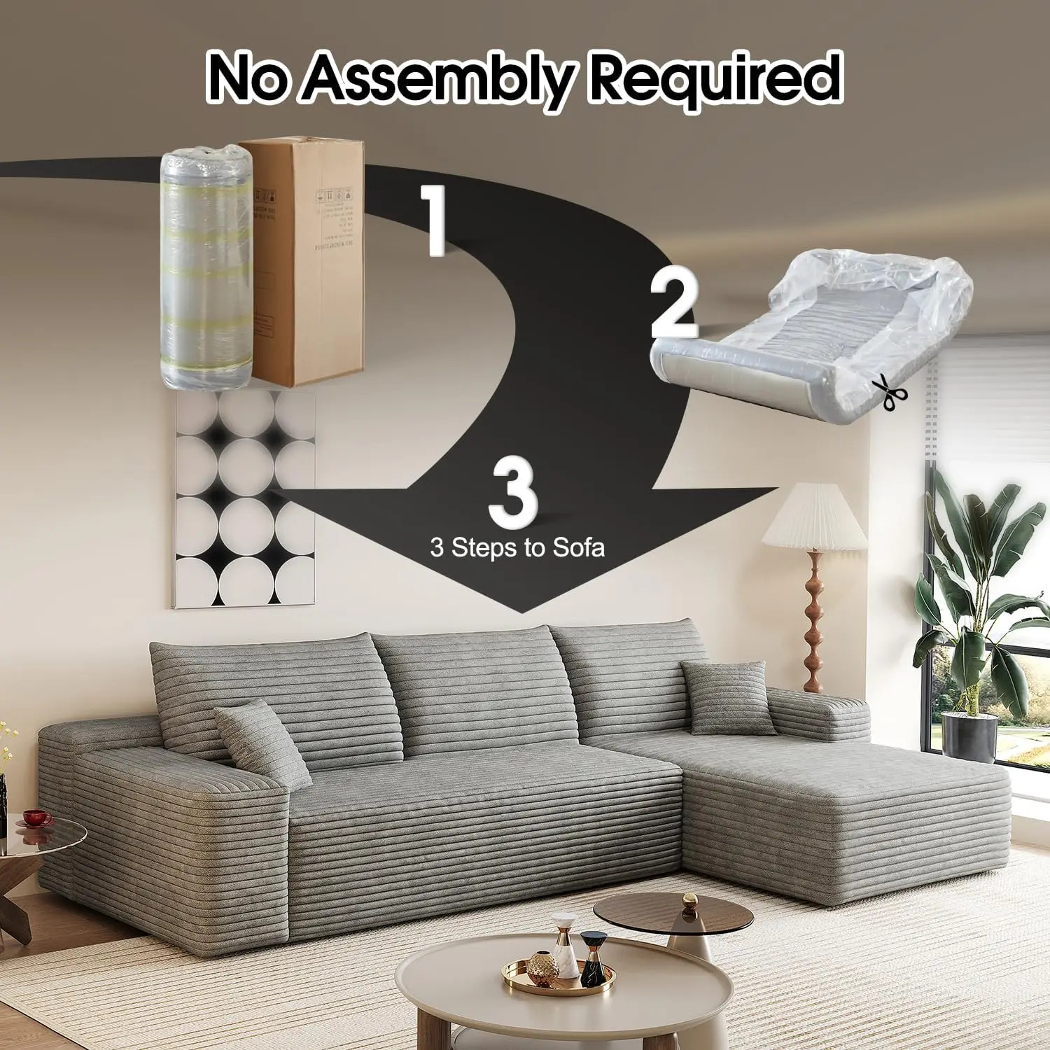 Sofá seccional moderno en forma de L de pana deshuesada con asiento profundo y chaise - No necesita montaje, comodidad en la nube, diseño modular