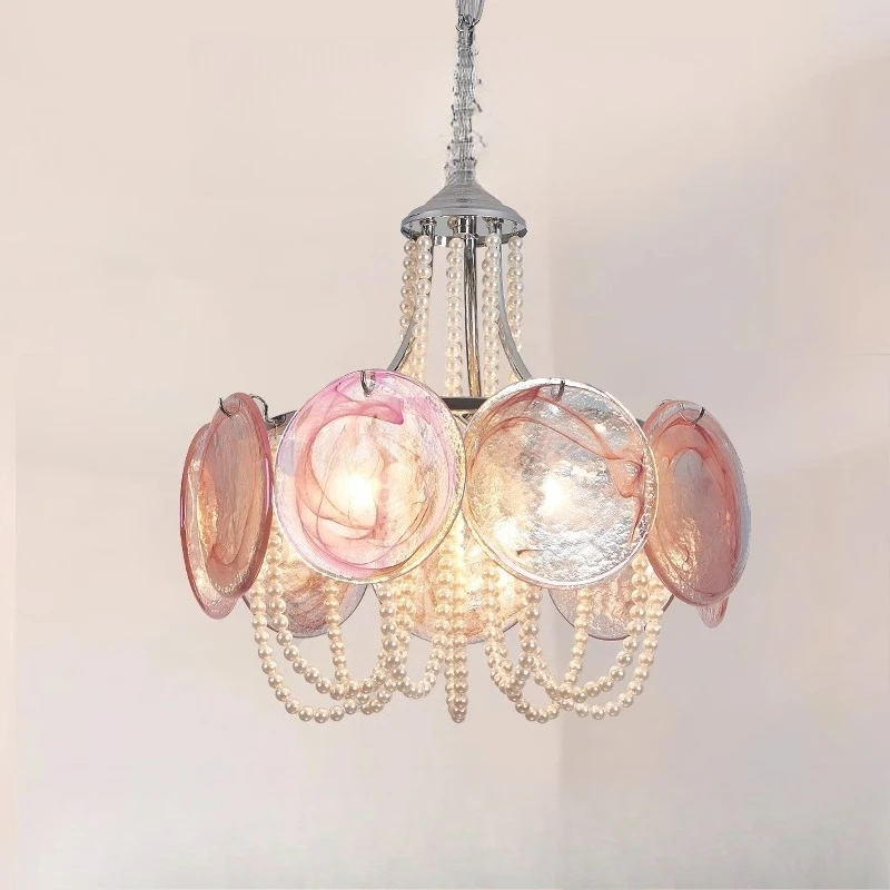 

Pink Glass Disc Chandelier Lamp With Pearl Beads, Modern Pendant Light For Living Room/bedroom Decor