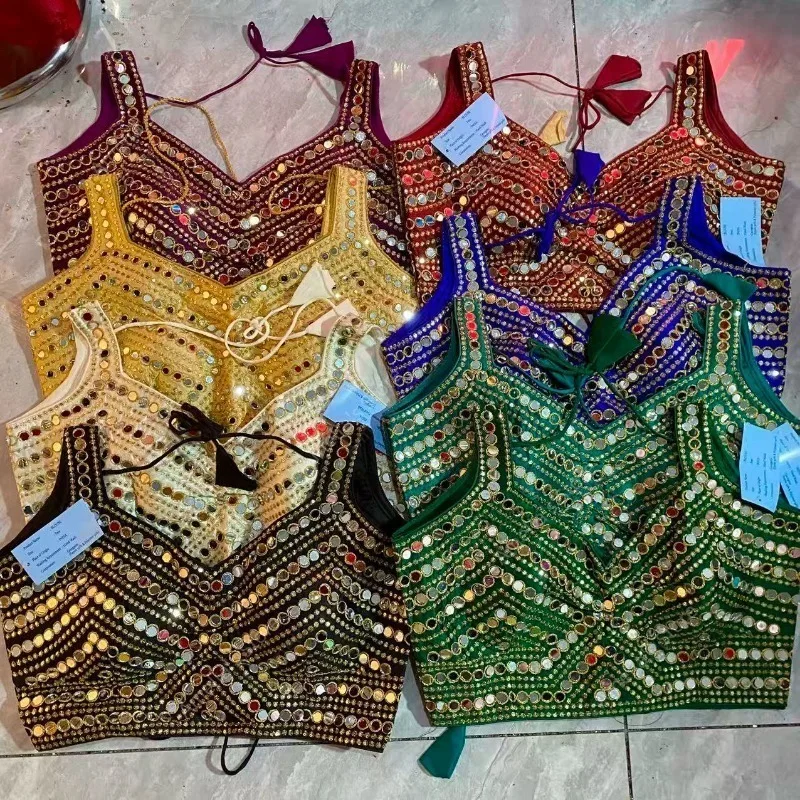 Sparkling Mirror Embroidery Indian Dance Blouse Top Sleeveless Belly Dance Performance Costume Choli for Saree Lehenga Women