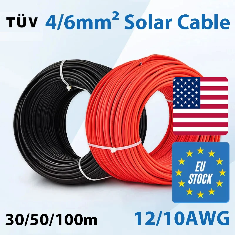 

Solar Power Cable 4/6mm2 12/10AWG Wire Photovoltaic TÜV TUV Cable For PV Panels Connection Red Black PVC Double Layer EU Stock