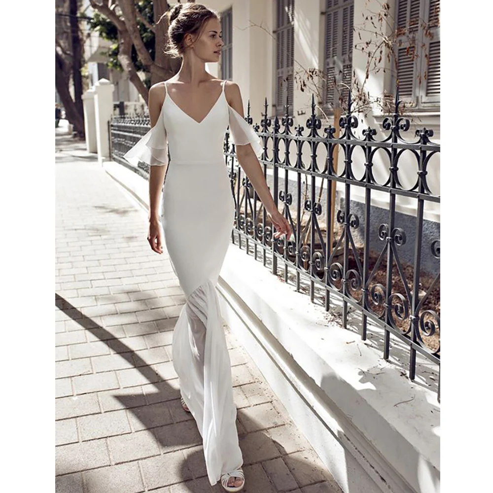 

Romand Customized Simple Spaghetti Straps V-Neck Short Sleeves Mermaid Wedding Dress 2024 Modern Backless Bridal Gown Elegant