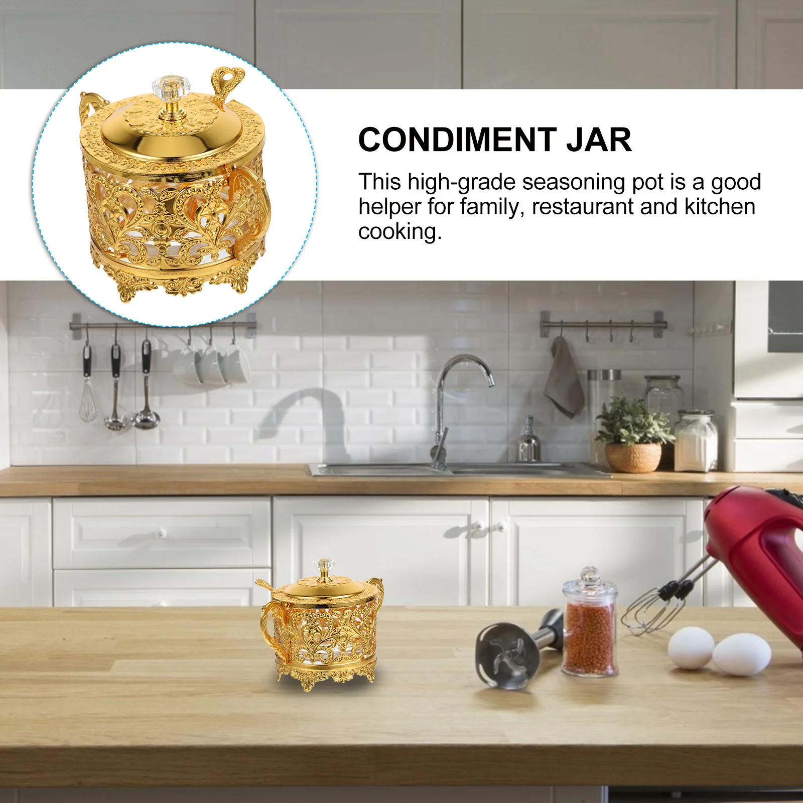 

Seasoning Jar Zinc Alloy Glass Embossed Design Kitchen Storage Container Spice Canister Condiment Box Condiment Pot