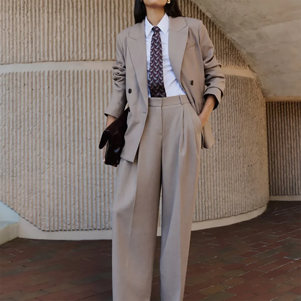 Classic Women 2 Piece Suit Khaki Double Breasted Blazer Wide Leg Pants Set Office Business Formal Wedding Guest Outfit