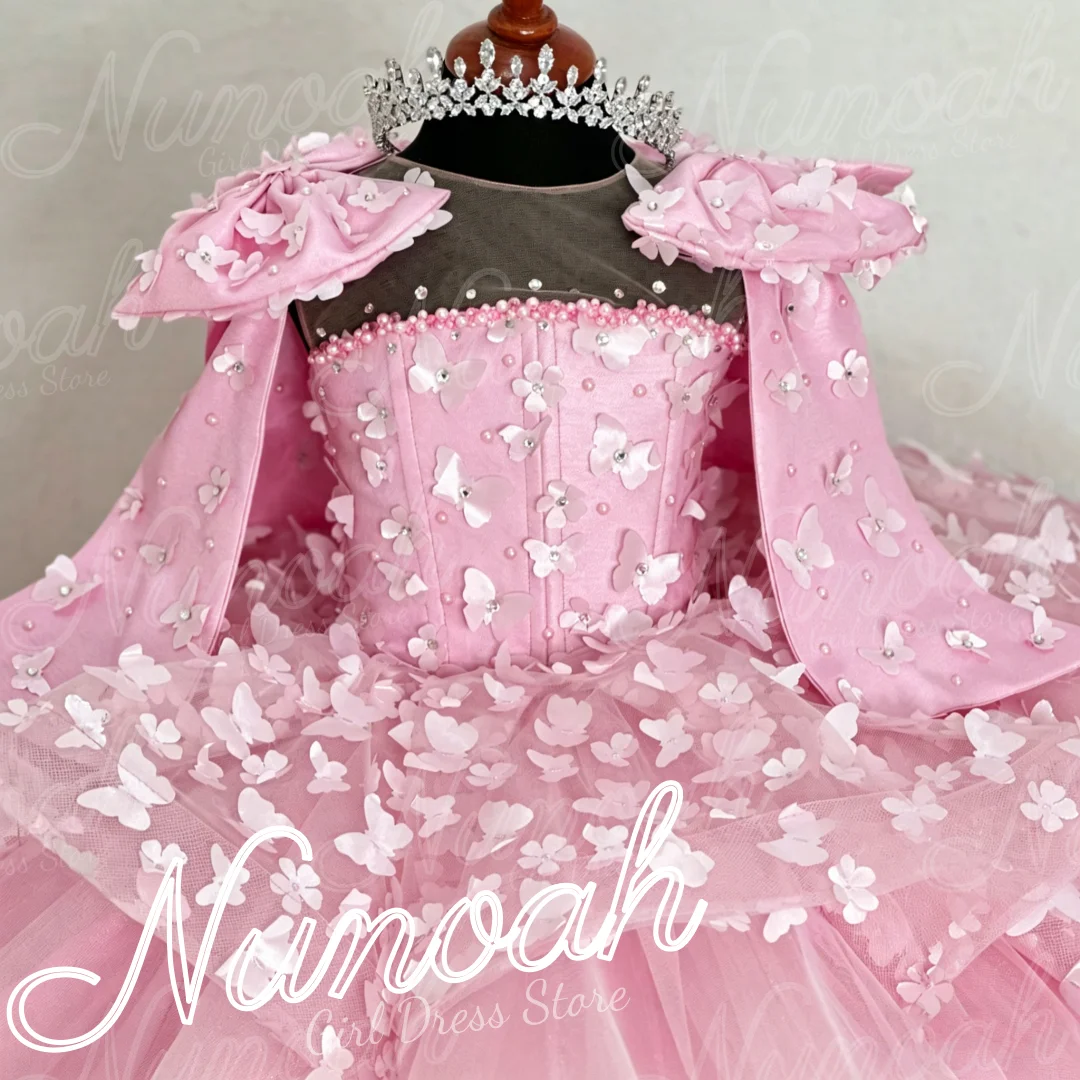 

Pink Flower Girl Dress For Wedding Beaded Sleeveless Girl Birthday Party with Bows Floor Length First Communion Gown Customized