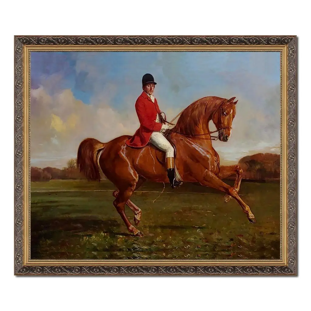 

Horse Canvas Art Portrait of Rider in Red Coat Franc Lamy Painting Hand Painted Classic Wooden Frame Wall Decor 20"X24" Gift