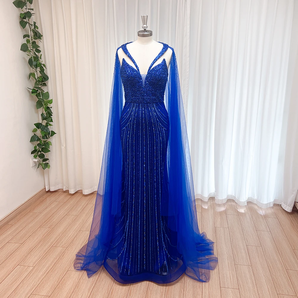 Luxury Dubai Royal Blue Mermaid Evening Dresses for Women 2024 Cape Sleeves Elegant Arabic Wedding Prom Formal Party Gowns